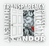 transparency-door-openness-clarity-candor-straightforward-opening-to-show-magnifying-glass-question-marks-other-words-41802048